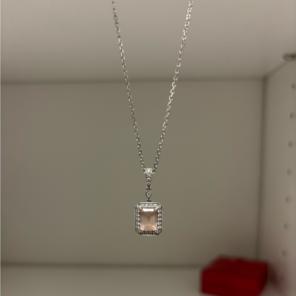 Morganite and Diamond Necklace - 14K white gold - 18 inch chain adjustable